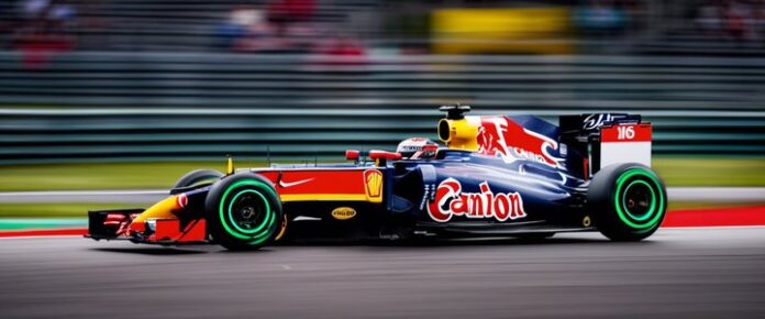 A Formula One race car in motion on a track, featuring the