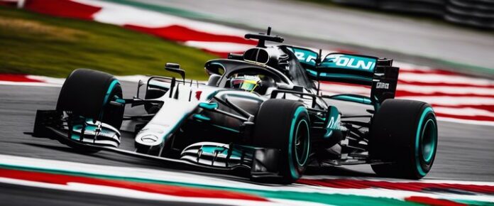 A Formula One race car on a track, with the driver visible through the cockpit.