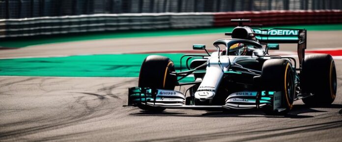 A Mercedes Formula One race car on a track, with a driver in the cockpit.