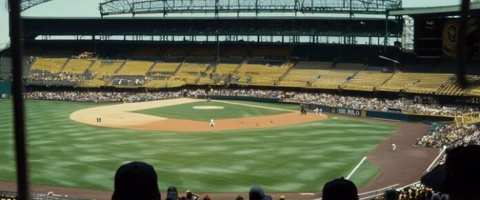 A baseball field with a green grassy infield and a dirt pitcher's mound.