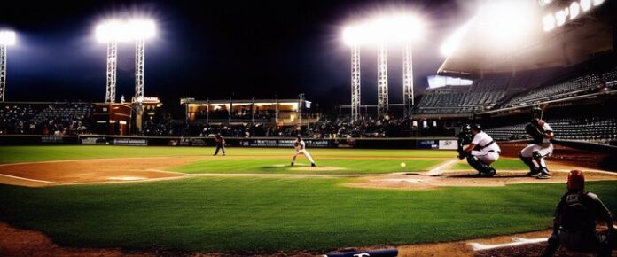 A_baseball_game_is_underway_at_night_with_players_and_umpires_on_a_well-lit_field A baseball game is underway at night, with players and umpires on a well-lit field.