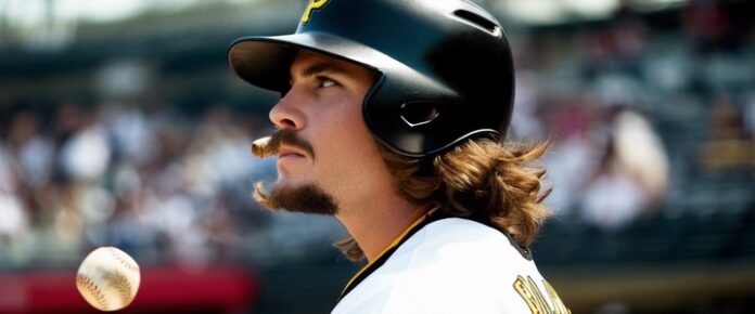 A baseball player in a white and black uniform, wearing a black helmet, with a baseball in the air.