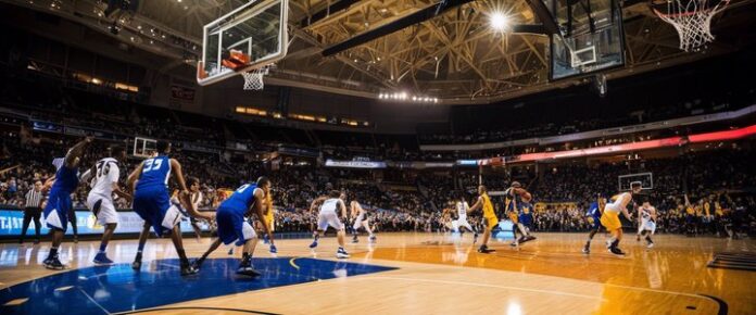 A basketball game is in progress, with players in blue and yellow uniforms on the court.