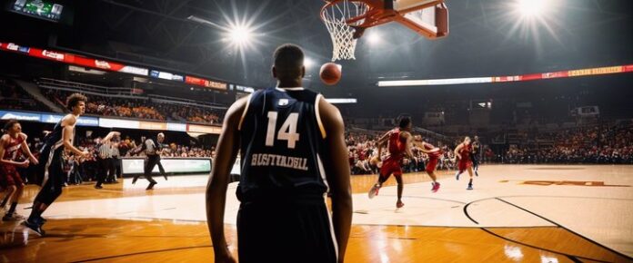 A basketball player in a blue jersey watches a game in progress on a court.