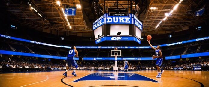 A basketball player jumps to shoot the ball on a Duke University court.