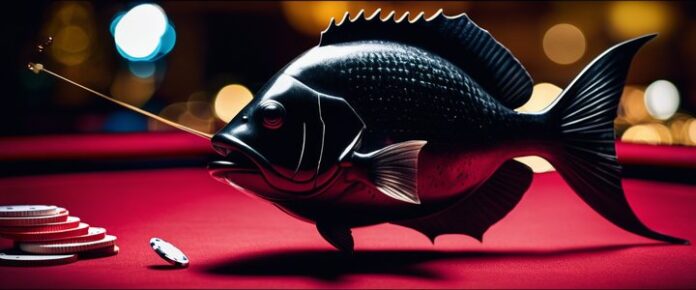 A black fish with a fishing rod in its mouth, on a red table with poker chips.