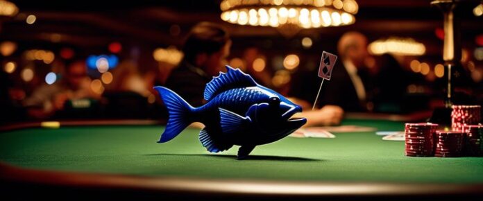 A_blue_fish_with_playing_cards_on_a_poker_table_in_a_casino A blue fish with playing cards on a poker table in a casino.