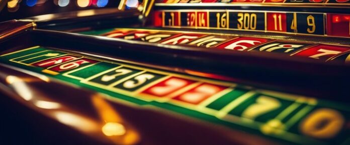A close-up of a roulette table with numbers and betting areas in the foreground.
