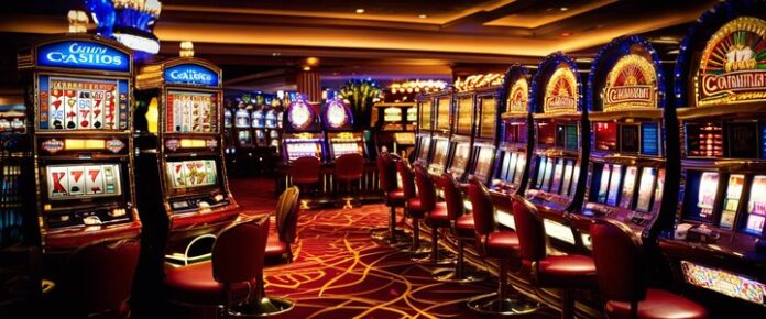 A dimly lit casino with rows of slot machines and red chairs.