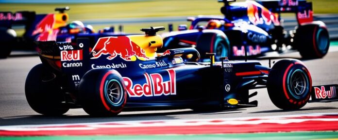A fleet of Red Bull Formula One race cars on a track.