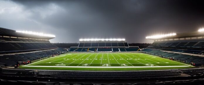 A football field in an empty stadium under dark, cloudy skies.