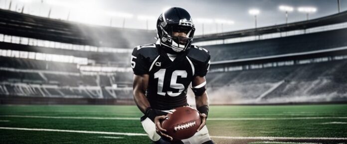 A football player in a black uniform stands on a football field, holding a football.