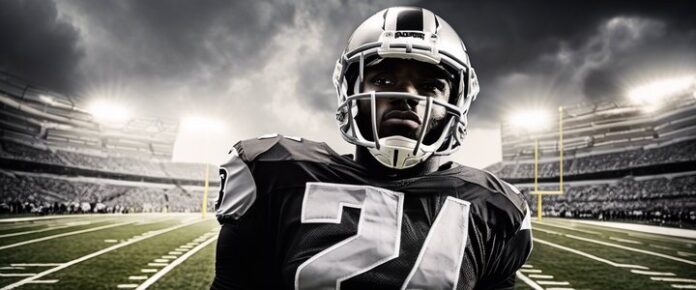A_football_player_stands_on_a_football_field_wearing_a_black_and_white_jersey_with_the_number_21 A football player stands on a football field, wearing a black and white jersey with the number 21.