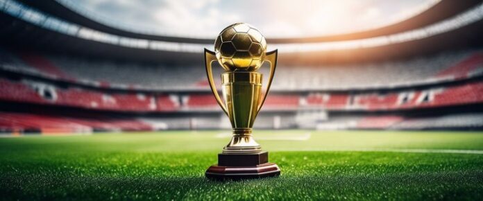 A gold trophy with a soccer ball on top, sitting on a green field in a stadium.