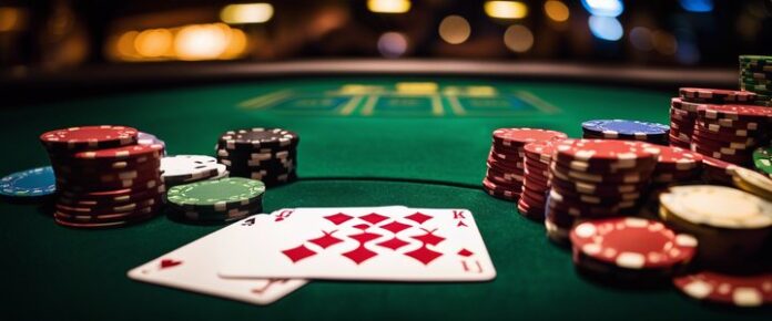 A green felt poker table with playing cards and stacks of poker chips.