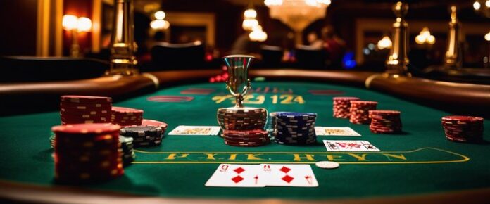 A_green_felt_poker_table_with_playing_cards_and_stacks_of_poker_chips A green felt poker table with playing cards and stacks of poker chips.