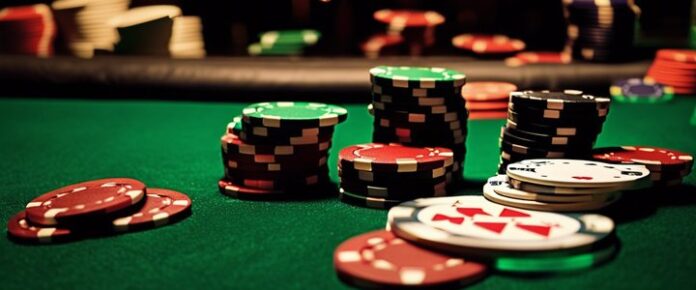 A green felt table with stacks of poker chips in red, black, and white.