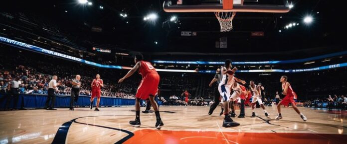 A_group_of_basketball_players_in_red_and_white_uniforms_on_a_court A group of basketball players in red and white uniforms on a court.