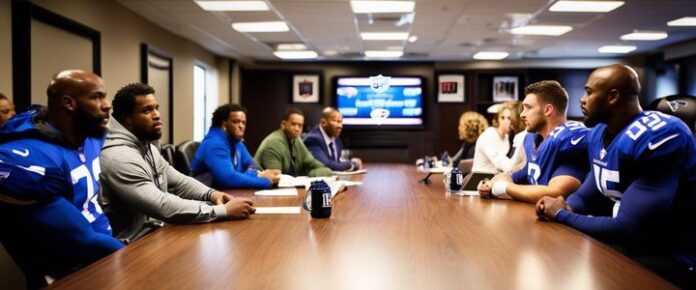 A_group_of_football_players_and_women_sitting_around_a_long_conference_table A group of football players and women sitting around a long conference table.