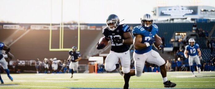 A_group_of_football_players_in_blue_and_black_uniforms_running_on_a_field A group of football players in blue and black uniforms running on a field.