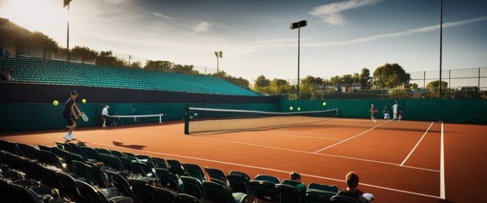 A_group_of_people_are_playing_tennis_on_a_court_with_a_red_surface_and_green_walls A group of people are playing tennis on a court with a red surface and green walls.