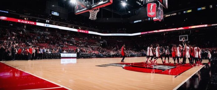 A group of people in white and red uniforms walking on a basketball court.