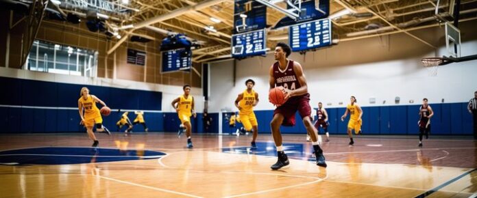 A group of young people in a gymnasium, some wearing basketball uniforms and others in yellow, running around.
