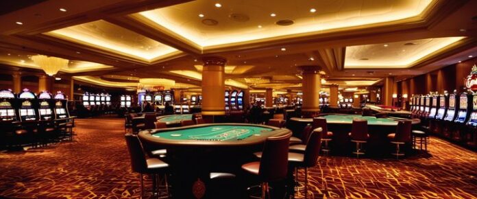 A large casino room with multiple tables and slot machines.