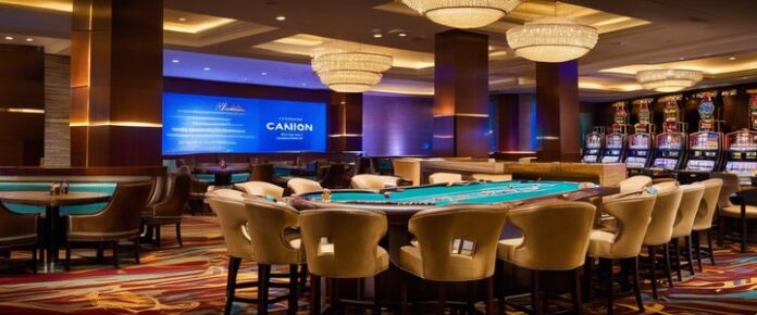 A large, circular table with chairs surrounding it in a casino.