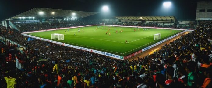 A_large_crowd_watches_a_soccer_game_on_a_green_field_at_night A large crowd watches a soccer game on a green field at night.