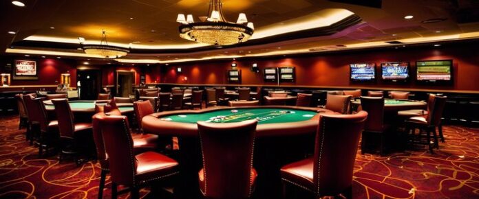 A_large_dimly_lit_casino_room_with_multiple_tables_and_chairs A large, dimly lit casino room with multiple tables and chairs.