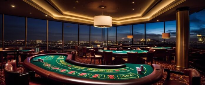 A large, dimly lit room with a circular table featuring a green felt surface and red and white playing cards.
