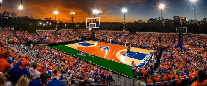 A large outdoor basketball court with a crowd of spectators, surrounded by stadium seating and lights.