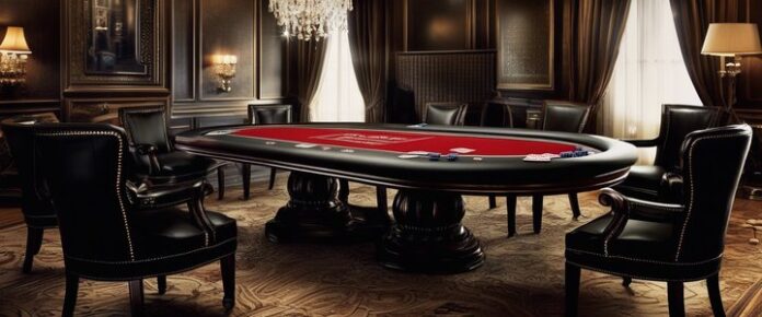 A large, oval-shaped poker table with red felt and black edges, surrounded by black leather chairs.