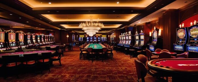 A large room with multiple tables and slot machines.
