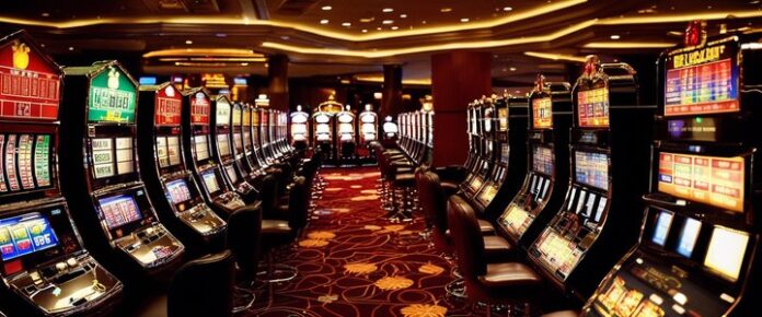 A_large_room_with_rows_of_slot_machines_and_a_red_carpet A large room with rows of slot machines and a red carpet.