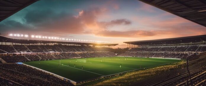 A large stadium with a green field and empty stands at sunset.