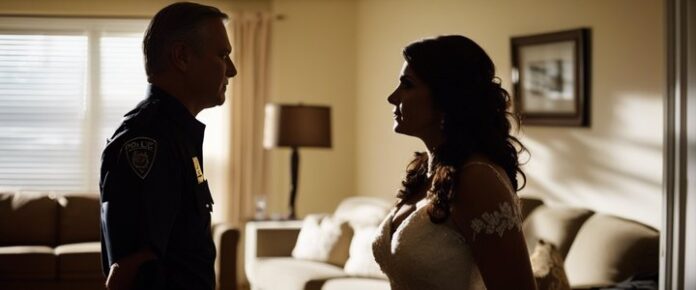 A man in a police uniform stands facing a woman in a wedding dress in a living room.