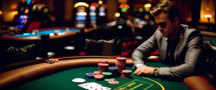 A man in a suit sits at a poker table, surrounded by stacks of poker chips.