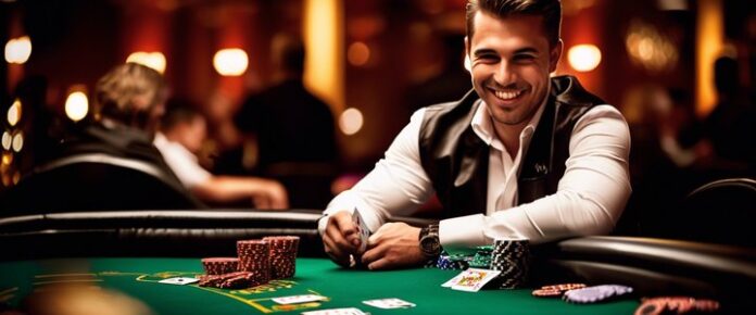 A_man_sits_at_a_green_felt-covered_poker_table_surrounded_by_cards_and_chips A man sits at a green felt-covered poker table, surrounded by cards and chips.