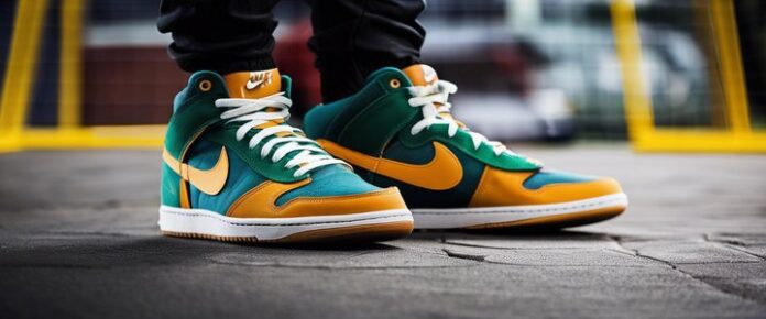A person stands on a paved surface, wearing high-top Nike sneakers with teal, yellow, and green colors.