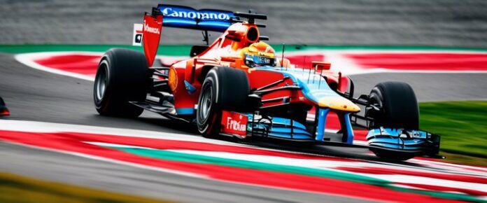A red and blue race car on a track with red, white, and green markings.