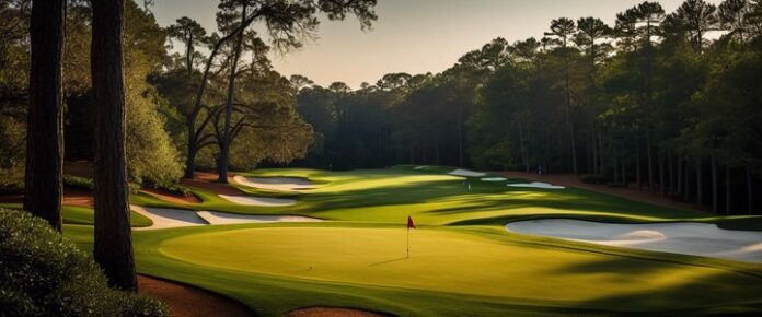 A serene golf course with a green, sand traps, and trees in the background.