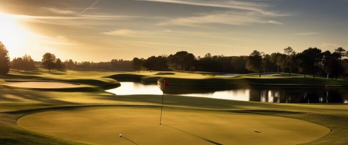 A serene golf course with a pond, featuring a putting green and a flagpole.