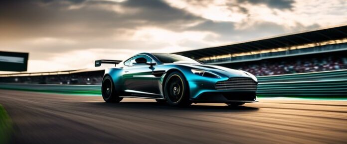 A sleek blue sports car on a race track, with grandstands in the background.