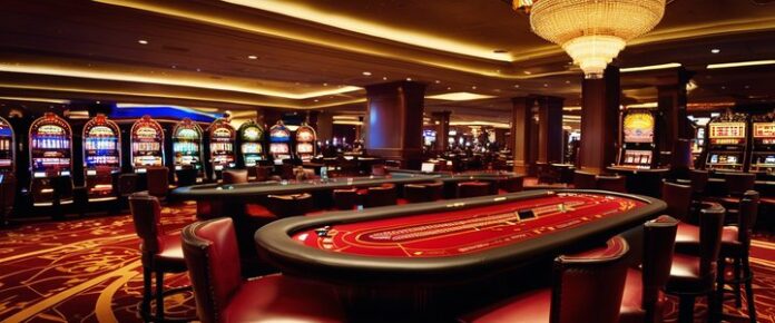 A spacious casino room with multiple tables and slot machines.