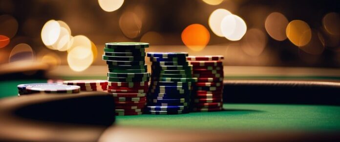A stack of poker chips on a green felt table in a casino.