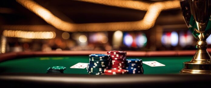 A stack of poker chips on a green felt table, with a trophy in the background.