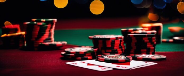 A table with stacks of poker chips and playing cards, set against a dark background.
