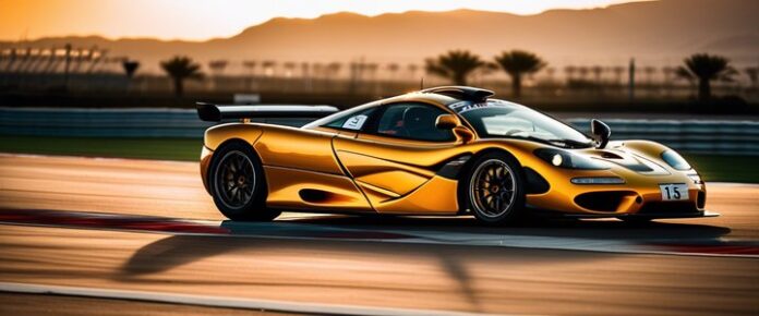 A yellow sports car on a race track at sunset.